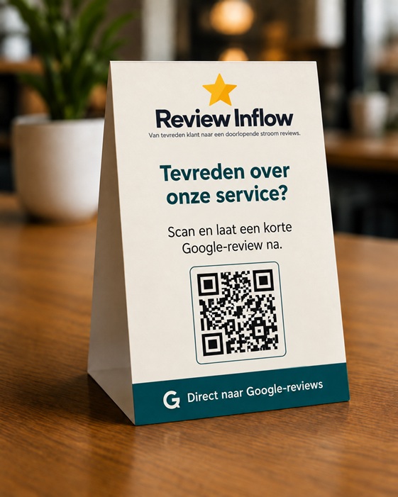 Voorbeeld van een tafelkaart met QR-code voor reviews